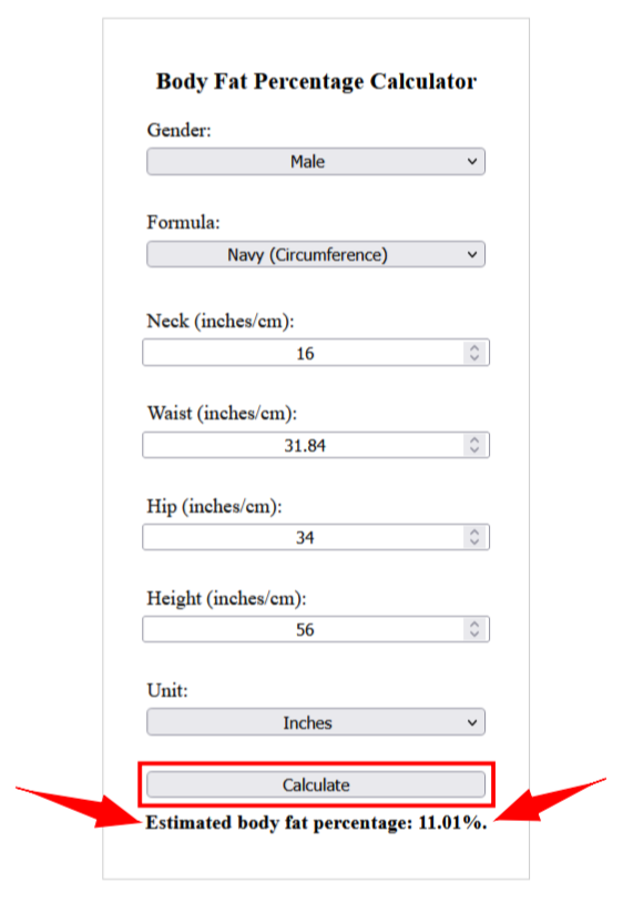 Ultimate Body Fat Calculator Snapshot with red arrows